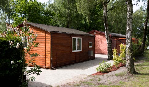 Zwei kleine Holzhütten mit weiß getünchten Fenstern sind von Bäumen und Sträuchern in einer grünen Umgebung umgeben.