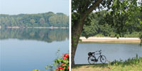 Geteiltes Bild: Die linke Seite zeigt einen ruhigen See mit einem von Bäumen gesäumten Ufer; die rechte Seite zeigt ein am Wasser geparktes Fahrrad unter einem Baum.