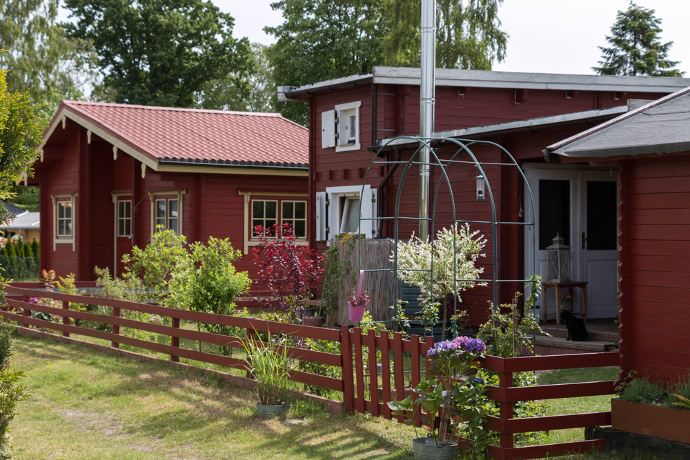 Rotes Holzhaus mit einem Garten, Topfpflanzen, einem roten Zaun und einer schwarzen Katze, die in der Nähe der Haustür unter einem Metallbogen sitzt. Im Hintergrund sind Bäume und Sträucher zu sehen.