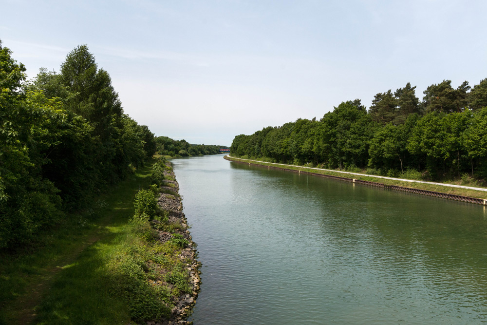 Ein ruhiger, schmaler Fluss, der an einem klaren Tag von dichten grünen Bäumen und einem felsigen Ufer gesäumt wird.